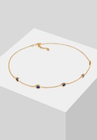 Gouden ketting met vijf blauwe oogvormige hangers, met een gestructureerde afwerking en een verstelbare sluiting voor lengte-aanpassing.