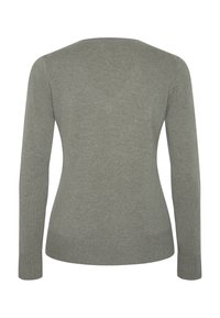 Pull en tricot gris clair à manches longues vu de dos, avec des poignets et un ourlet côtelés, une texture uniforme et un col rond simple.
