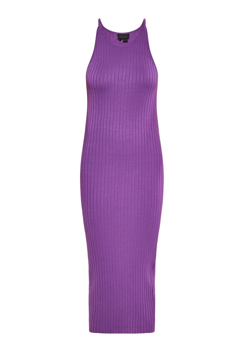 Violetti raidallinen midi-mekko, jossa on hihaton muotoilu ja pyöreä pääntie. Mekossa on tiivis siluetti ja sileä, joustava materiaali.