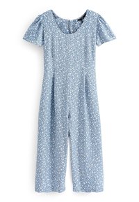 Jumpsuit de manga corta azul claro con patrón floral blanco, escote redondo y cierre de botones en el centro sobre un fondo blanco.