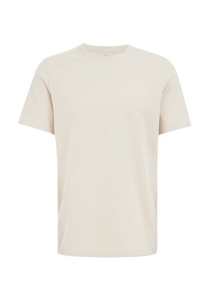 Lysbeige bomuld t-shirt med rund hals, korte ærmer, glat tekstur og normal pasform. Ingen synlige mønstre eller detaljer.