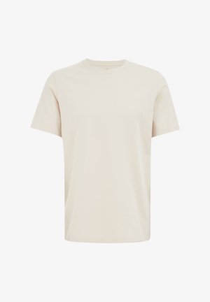 Lysbeige bomuld t-shirt med rund hals, korte ærmer, glat tekstur og normal pasform. Ingen synlige mønstre eller detaljer.