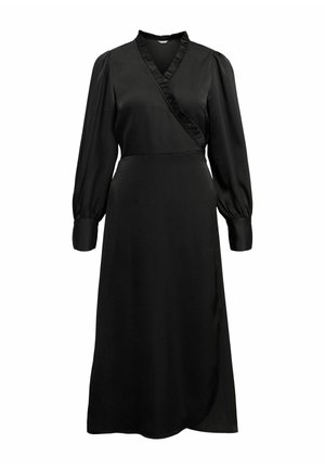 Juodas apvalkalas su lygia medžiaga, su gilia V formos iškirpte su ruffles detalėmis, ilgomis pūstomis rankovėmis ir laisva sijona su šonine išpjova.