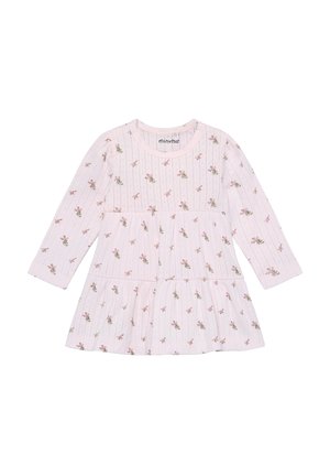 Lyserød kjole med lange ærmer og flæset skørt, med stribet mønster og små blomstermotiver. Fremstillet af blødt stof med rund hals.