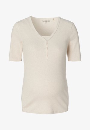 Beige geribbelde zwangerschapsblouse met korte mouwen, V-hals, twee knoopsluitingen en een ingebouwd hemdje.