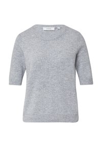 Lichtgrijze sweater met korte mouwen, gemaakt van zachte, gestructureerde stof. Beschikt over een ronde halslijn en geribde manchetten en zoom. Merkenlabel zichtbaar.