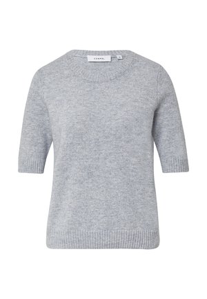 Light gray short-sleeve sweater made from soft, textured fabric. Features a round neckline and ribbed cuffs and hem. Brand label visible.