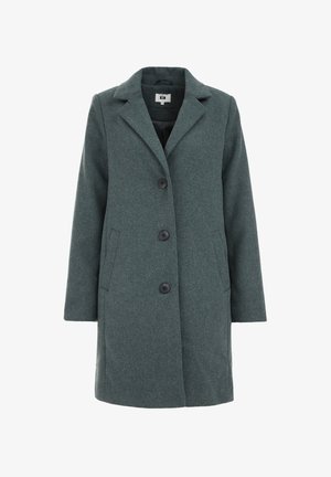 Hallhalli rohelise ülikonna, mis on valmistatud tekstuuriga kangast, millel on nurgelise krae, kolm nööpi ja kaks küljetaskut.