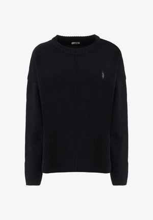 Maglione nero lavorato a maglia con orlo e polsini a coste, caratterizzato da un logo ricamato discreto sul petto. Scollo rotondo, vestibilità rilassata.