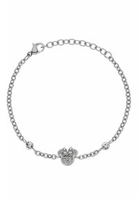 Silberne Kettenarmband mit einem funkelnden Mickey Mouse Kopfcharme mit Schleife und zwei klaren Kristallakzenten. Mit Karabinerverschluss.