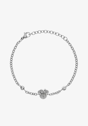 Sølv kædearmbånd med en funklende Mickey Mouse hoved charm med sløjfe og to klare krystal accenter. Lukkemekanisme med megetkræft.