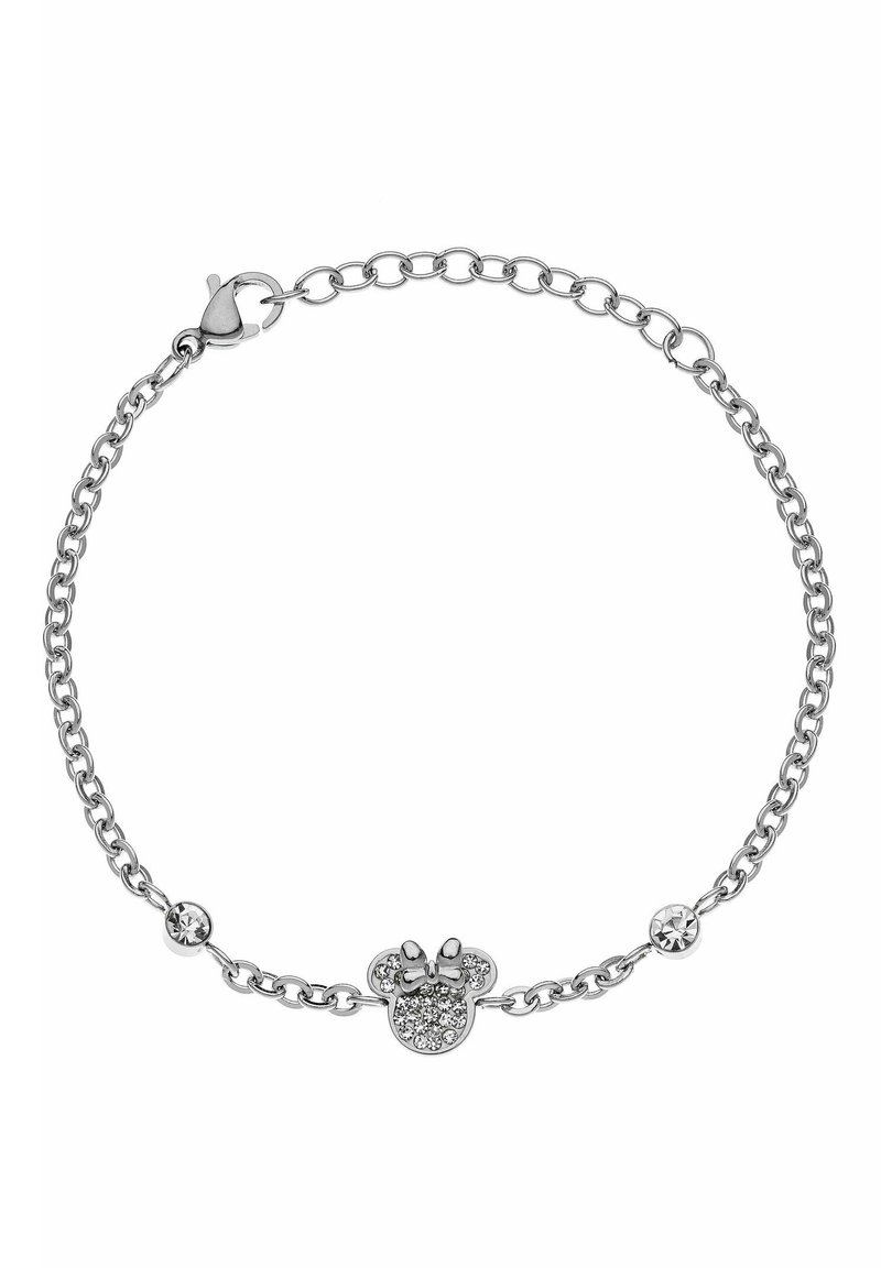Silberne Kettenarmband mit einem funkelnden Mickey Mouse Kopfcharme mit Schleife und zwei klaren Kristallakzenten. Mit Karabinerverschluss.