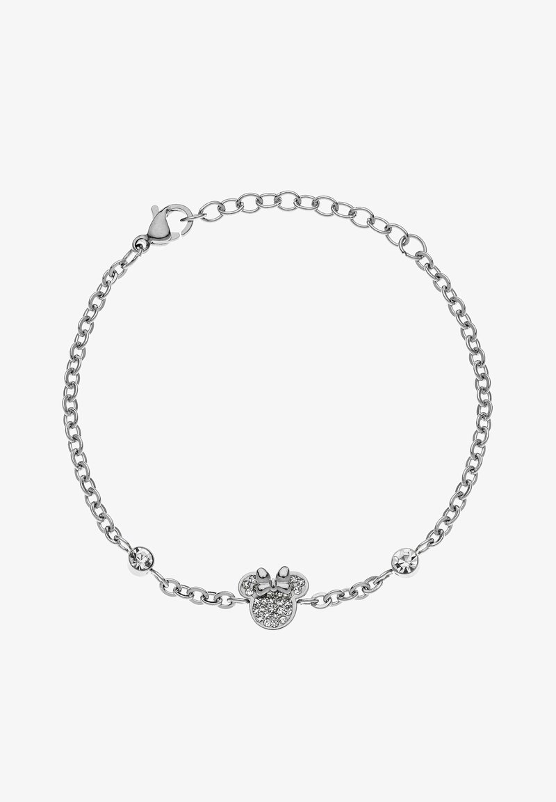 Silberne Kettenarmband mit einem funkelnden Mickey Mouse Kopfcharme mit Schleife und zwei klaren Kristallakzenten. Mit Karabinerverschluss.