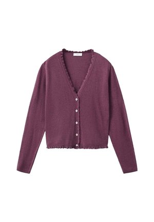 Purple cardigan with a v-neckline, long sleeves, and frilled edges. Six front buttons with a soft, textured fabric. Cropped design.