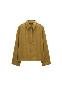 Koszula z długim rękawem w kolorze musztardowym w paski, z kołnierzykiem, pięcioma guzikami i dwiema kieszeniami z przodu. Miękki materiał i luźny krój.