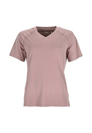 Maglietta rosa chiaro a maniche corte con scollo a V realizzata in tessuto traspirante, caratterizzata da una sottile trama e cuciture a contrasto lungo le spalle.