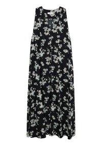Maxi šaty z černé látky s květinovým vzorem v bílé a zelené barvě, bez rukávů, s výstřihem do V a splývavým střihem.