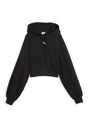 Sweat à capuche court noir avec manches longues ballon, capuche à cordon, poignets et ourlet côtelés, avec un petit logo Puma blanc sur la poitrine.