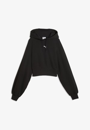Sweat à capuche court noir avec manches longues ballon, capuche à cordon, poignets et ourlet côtelés, avec un petit logo Puma blanc sur la poitrine.