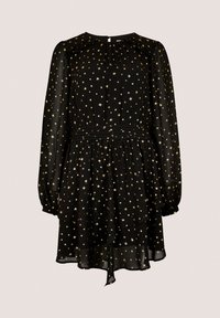 Schwarzes Kleid mit langen Ärmeln, das über ein gerafftes Oberteil, einen elastischen Taillenbund und ein goldenes Sternenmuster auf einem durchsichtigen Stoff verfügt.