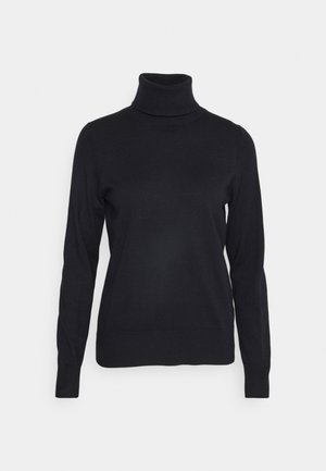 Schwarzer Rollkragenpullover mit langen Ärmeln, aus einem weichen Stoff gefertigt. Mit einem taillierten Design und gerippten Bündchen und Saum für zusätzliche Textur.