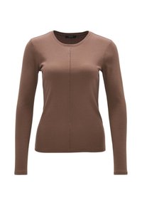 Brun långärmad figurnära topp för kvinnor med rund halsringning och central sömdetalj fram.