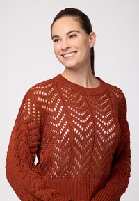 Roodbruine gebreide trui met een zigzagpatroon, voorzien van een open structuur, lange mouwen en een ronde hals. Textuurdetails van de stof zijn zichtbaar.