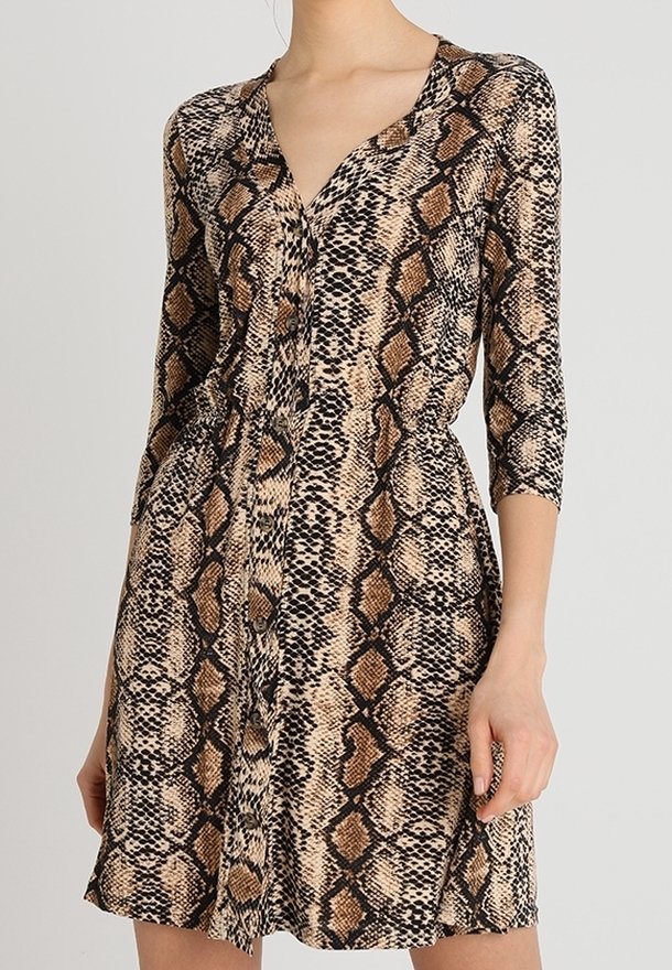 Femme portant une robe à imprimé serpent boutonnée avec des manches trois-quarts et un décolleté en V, sur un fond uni.