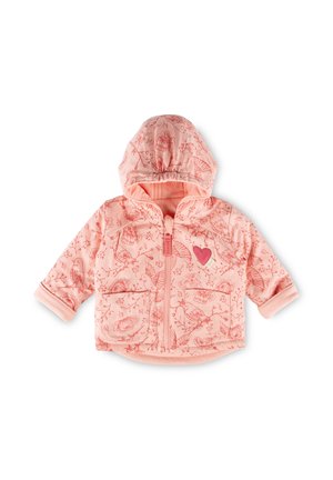 Giacca rosa con cappuccio per bambino piccolo, con stampa di uccelli e fiori, zip frontale, due tasche e una piccola toppa a forma di cuore sul petto.