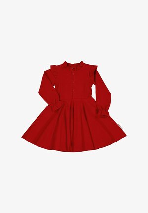 Rød langærmet kjole med flæsekrave, knappet foran og udvidet skørt. Fremstillet af et glat stof med rynkede detaljer på ærmerne.