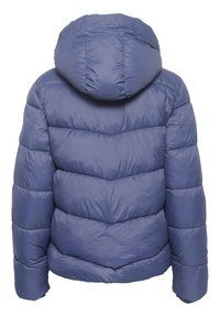 Puffer jacket in a soft blue color, featuring a hood, quilted design, and elastic at the neckline for added comfort and fit.