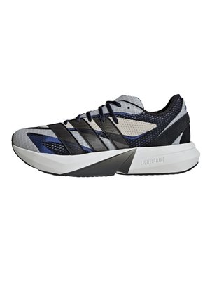 Scarpa sportiva da uomo con tomaia in mesh nero, grigio, beige e blu navy, strisce nere, suola ammortizzata bianca con etichetta "LIGHTSTRIKE" e lacci neri.