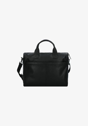 Schwarze Ledertasche mit doppelten oberen Griffen, abnehmbarem Schultergurt, Fronttasche und Reißverschluss. Glatte Textur mit minimaler Ausstattung.