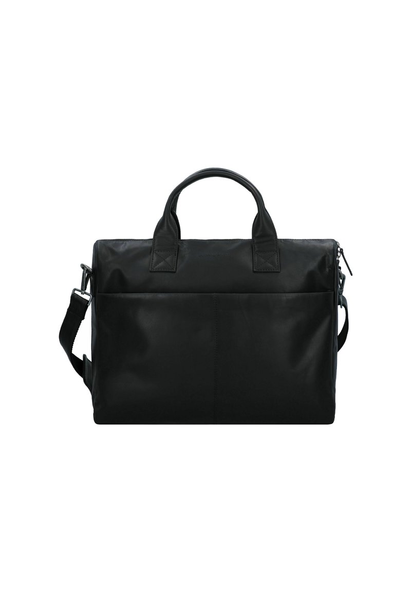 Zwarte leren tas met dubbele handgrepen bovenaan, afneembare schouderriem, voorkantzak en een ritsafsluiting. Gladde textuur met minimale details.