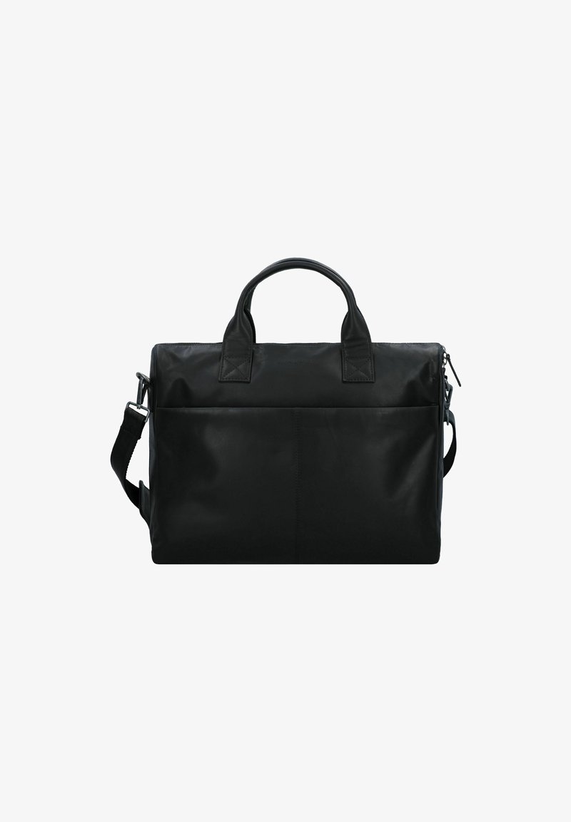 Zwarte leren tas met dubbele handgrepen bovenaan, afneembare schouderriem, voorkantzak en een ritsafsluiting. Gladde textuur met minimale details.