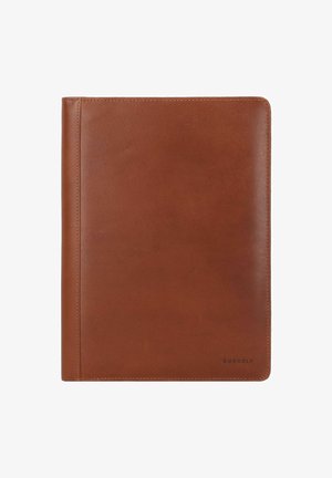 Brown leather portfolio with a smooth texture, featuring stitched edges and embossed brand logo in the bottom right corner.