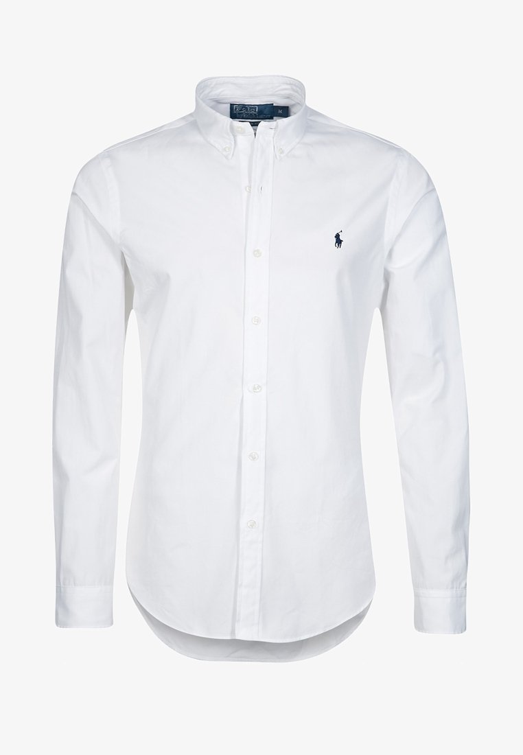 Weißes Baumwoll-Hemd mit klassischem Kragen und abgerundetem Saum. Mit kleinem marineblauem Logo auf der linken Brust und geknöpften Manschetten.