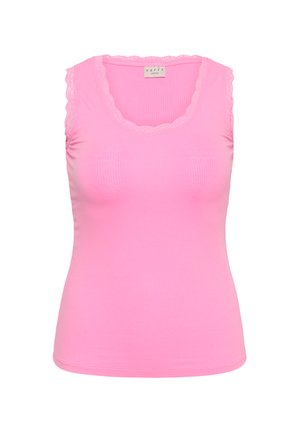 Ärmelloses rosa geripptes Damenshirt mit Spitzenbesatz am Rundhalsausschnitt und den Armausschnitten, mit dem Etikett Kaffe Curve.
