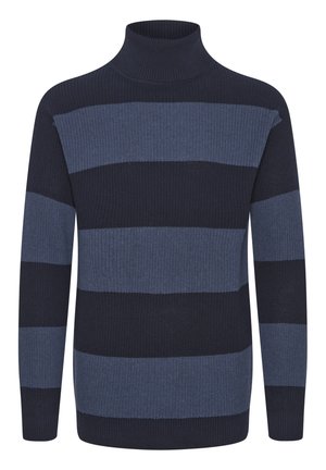 Dark blue turtleneck sweater with horizontal stripes in varying shades of blue. Made from ribbed knit material, includes long sleeves and a fitted neck.