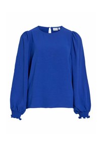 Blusa blu a maniche lunghe con scollo rotondo, maniche arricciate a sbuffo e polsini in smock; il dettaglio a goccia sulla schiena aggiunge un tocco sottile.