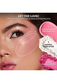 Blush palette featuring three products: soft pink cream blush, white highlighter powder, and bright pink powder blush with a smooth texture.