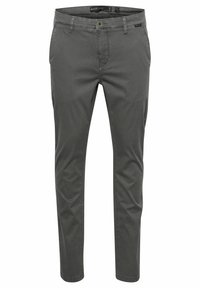 Pantaloni di cotone grigi con vestibilità slim, tasche frontali, passanti per cintura e chiusura con bottone. Texture liscia e design semplice senza motivi.