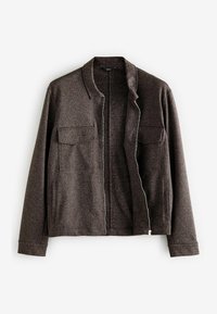 Bruine jas van wolmix met een kraag, open voorkant, twee borstzakken en een gestructureerd visgraatpatroon. Ritssluiting detail aan de onderkant.