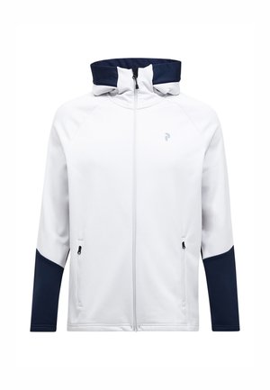 Weiße Reißverschluss-Hoodie mit navyblauen Akzenten, hoher Kragen, seitlichen Taschen und einem Logo auf der Brust. Glattes Gewebe mit sportlichem Design.