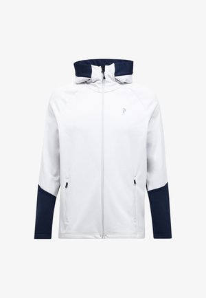 Witte zip-up hoodie met marineblauwe accenten, voorzien van een hoge kraag, zijzakken en een logo op de borst. Gladde stof met een sportief ontwerp.