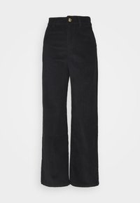 Zwarte corduroy wijde broek met een hoge taille, verticale ribbelstructuur en een knoopsluiting aan de voorkant.