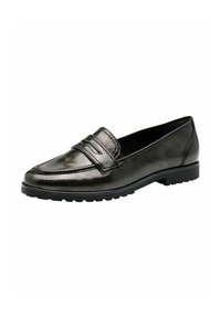 Zapato de estilo mocasín negro con un upper de cuero texturizado, que presenta una banda decorativa en la parte delantera y una suela de goma baja y resistente.