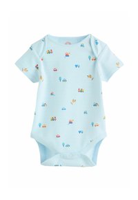 Rövid ujjú, világoskék baba body, színes járművek és fák mintájával, puha pamutból készült, patenttal záródik.