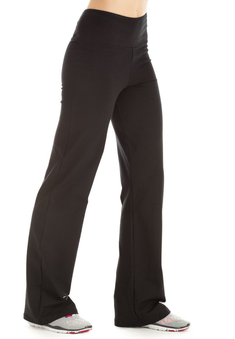 Black athletic pants with a wide waistband, flared design, and soft texture. Features a smooth finish and full-length cut, suitable for active wear.
