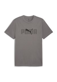 Grå bomulds T-shirt med et sort "PUMA" logo og et springende puma design, korte ærmer og en rund halsudskæring.